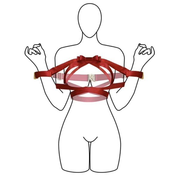 Harnais Bowknot UPKO en sangles noires avec nœud papillon central, encadrant poitrine et bras, équipé d’attaches Velcro – harnais haut du corps esthétique et fonctionnel.