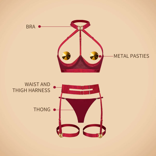 Schéma d’un ensemble de lingerie rouge composé d’un soutien-gorge avec harnais, de pasties métalliques, d’un string et d’un harnais taille et cuisses, présenté sur fond clair.