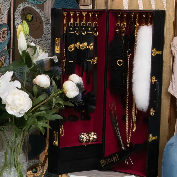 Malle BDSM de Luxe avec 19 accessoires en cuir italien, dans une valise discrète à serrure codée pour une expérience élégante et confidentielle.