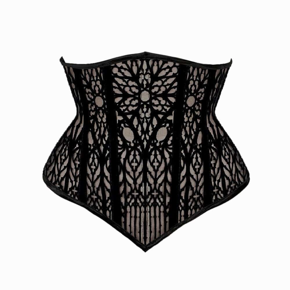 Ceinture Cathédrale VIDE NOIR proposée par Brigade Mondaine Paris, ceinture taille haute noire en tulle transparent brodé de motifs graphiques inspirés des vitraux, lignes verticales marquées et finitions nettes.