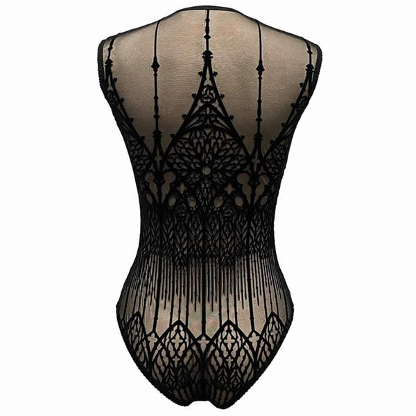 Packshot du Dos d'un Body en Maille Noir avec Motifs Cathédrale
