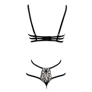 Packshot du Dos d'un Soutien-Gorge et un String en Maille Noir avec Motifs Cathédrale
