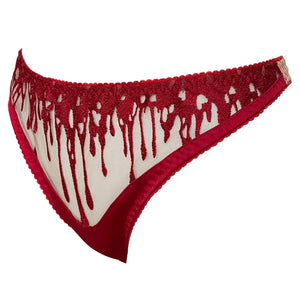 String CRIMSON VIDE NOIR présenté chez Brigade Mondaine Paris, string rouge en tulle transparent brodé de motifs gouttes stylisées, finitions délicates et coupe épurée.