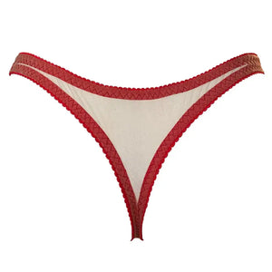 String CRIMSON VIDE NOIR présenté chez Brigade Mondaine Paris, string rouge en tulle transparent brodé de motifs gouttes stylisées, finitions délicates et coupe épurée.