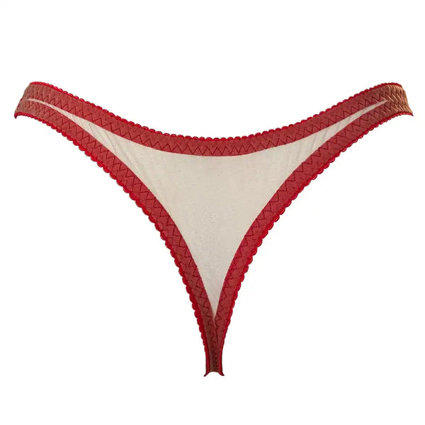 String CRIMSON VIDE NOIR présenté chez Brigade Mondaine Paris, string rouge en tulle transparent brodé de motifs gouttes stylisées, finitions délicates et coupe épurée.