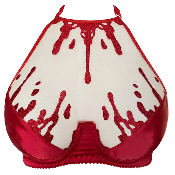 Mannequin portant le soutien-gorge Crimson rouge VIDE NOIR chez Brigade Mondaine Paris, tulle transparent brodé de motifs rouges, encolure haute et coupe structurée, photographié en studio.