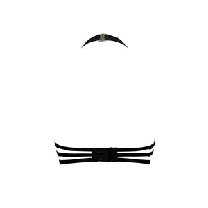 Soutien-gorge gothique en tulle nude brodé noir avec perles facettées. Demi-bonnets en satin noir doublé et col licou réglable. Élégance dramatique et maintien confortable.