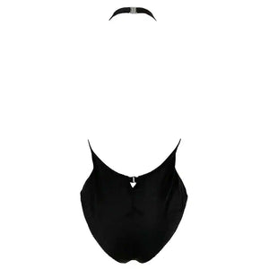 Body gothique brodé en tulle nude, col montant et décolleté en V effet illusion. Détails en satin vegan noir et dos nu. Pièce phare de la collection DOGMA par Videnoir.