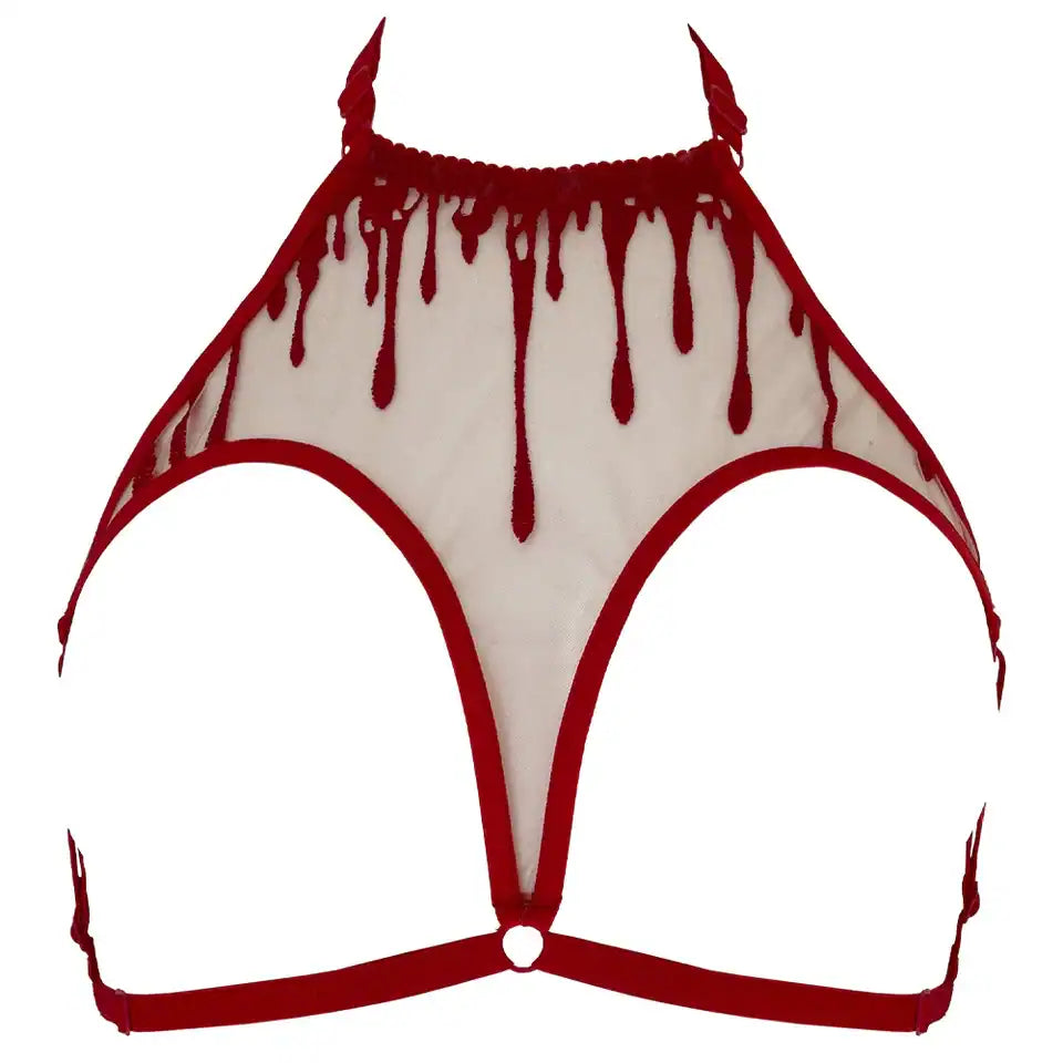 Harnais CRIMSON VIDE NOIR présenté chez Brigade Mondaine Paris, harnais rouge en tulle brodé avec motifs de gouttes stylisées, sangles réglables et structure ajourée au rendu couture.