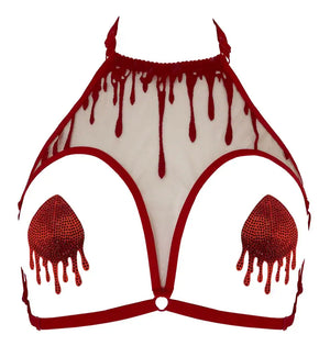 Harnais CRIMSON VIDE NOIR présenté chez Brigade Mondaine Paris, harnais rouge en tulle brodé avec motifs de gouttes stylisées, sangles réglables et structure ajourée au rendu couture.