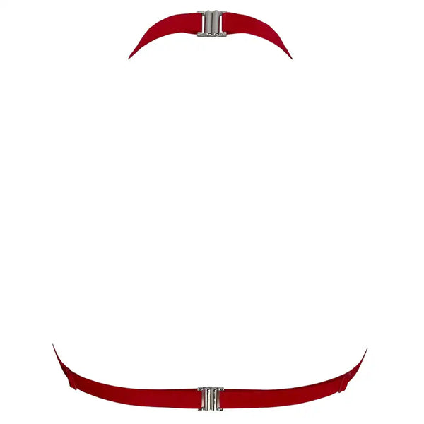 Harnais CRIMSON VIDE NOIR présenté chez Brigade Mondaine Paris, harnais rouge en tulle brodé avec motifs de gouttes stylisées, sangles réglables et structure ajourée au rendu couture.