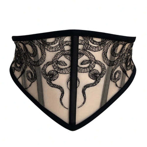 Corset Aspidis VIDE NOIR présenté chez Brigade Mondaine Paris, mesh nude brodé de motifs noirs serpentins, coupe ajustée et finitions graphiques, photographié en studio.