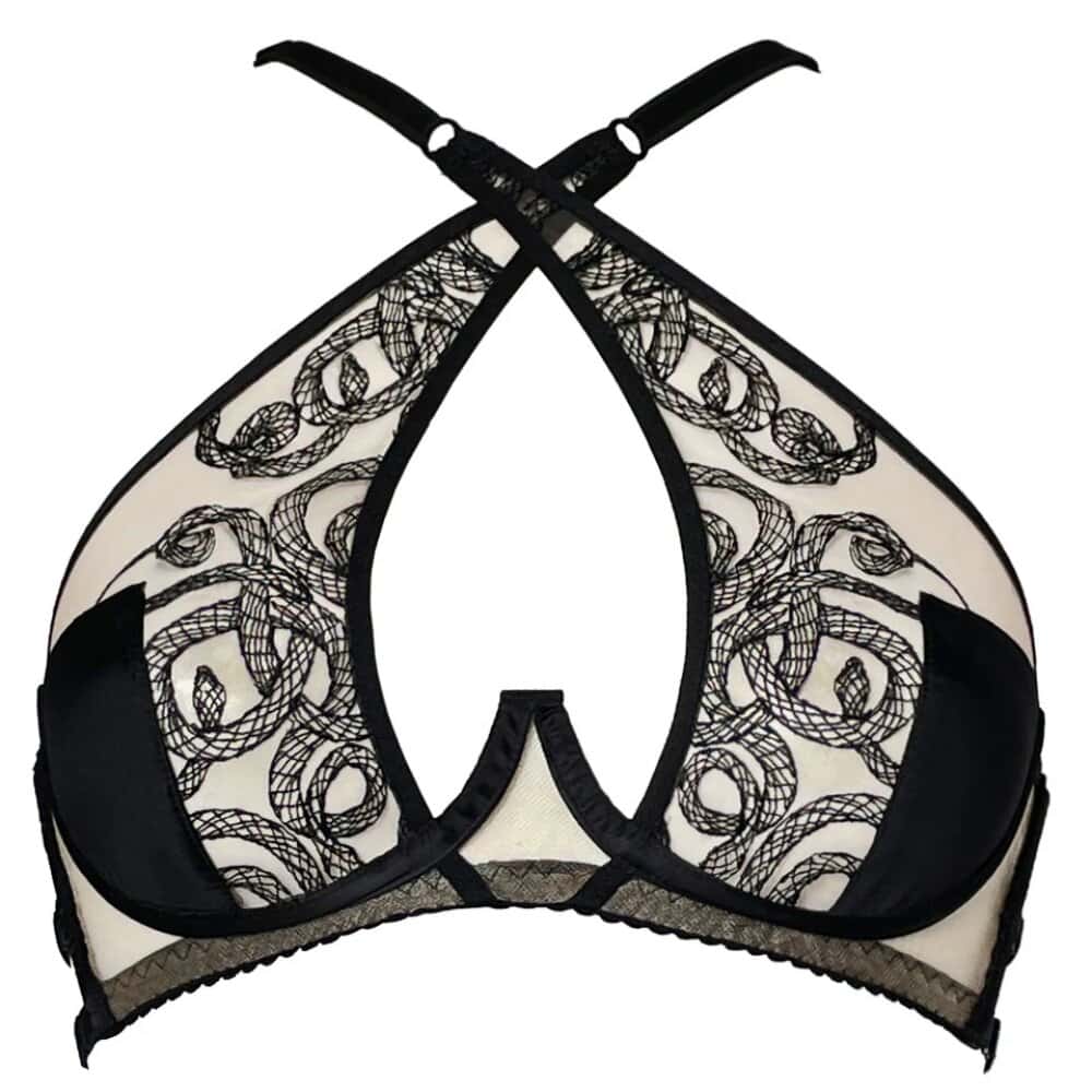 Soutien-gorge Aspidis VIDE NOIR présenté chez Brigade Mondaine Paris, mesh nude brodé de motifs noirs serpentins, bonnets structurés, bretelles fines et fermeture réglable, photographié en studio.