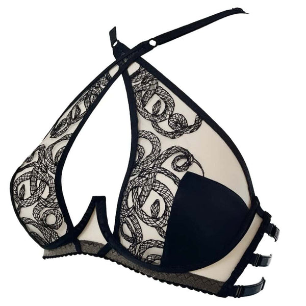 Soutien-gorge Aspidis VIDE NOIR présenté chez Brigade Mondaine Paris, mesh nude brodé de motifs noirs serpentins, bonnets structurés, bretelles fines et fermeture réglable, photographié en studio.