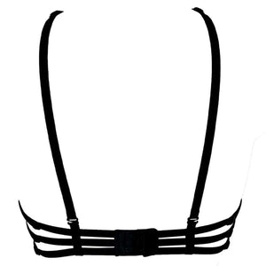 Soutien-gorge Aspidis VIDE NOIR présenté chez Brigade Mondaine Paris, mesh nude brodé de motifs noirs serpentins, bonnets structurés, bretelles fines et fermeture réglable, photographié en studio.
