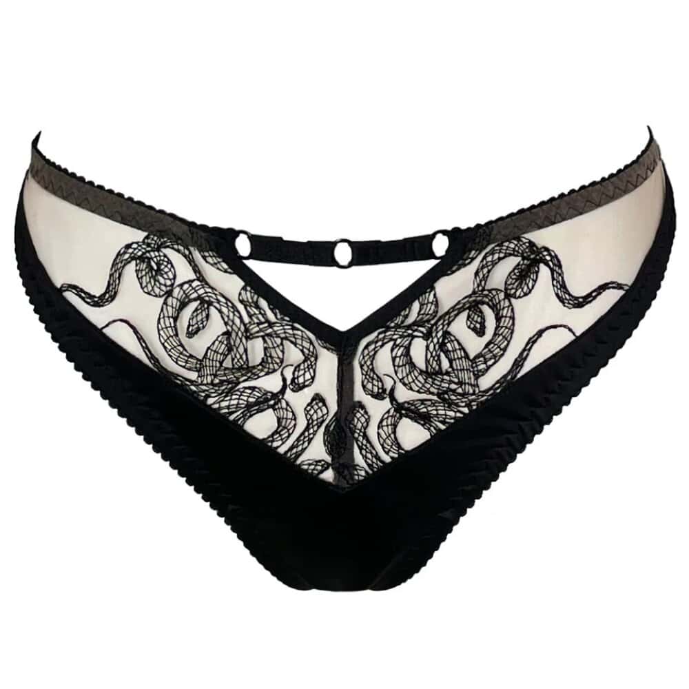 Culotte Aspidis VIDE NOIR présentée chez Brigade Mondaine Paris, mesh nude brodé de motifs noirs serpentins, coupe classique avec finitions fines, photographiée en studio.