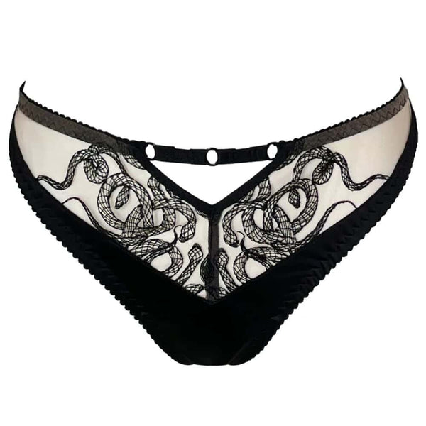 Culotte Aspidis VIDE NOIR présentée chez Brigade Mondaine Paris, mesh nude brodé de motifs noirs serpentins, coupe classique avec finitions fines, photographiée en studio.