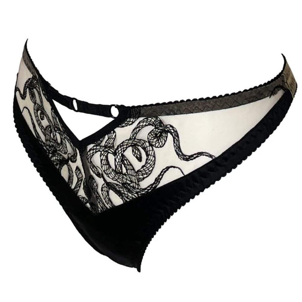 Culotte Aspidis VIDE NOIR présentée chez Brigade Mondaine Paris, mesh nude brodé de motifs noirs serpentins, coupe classique avec finitions fines, photographiée en studio.