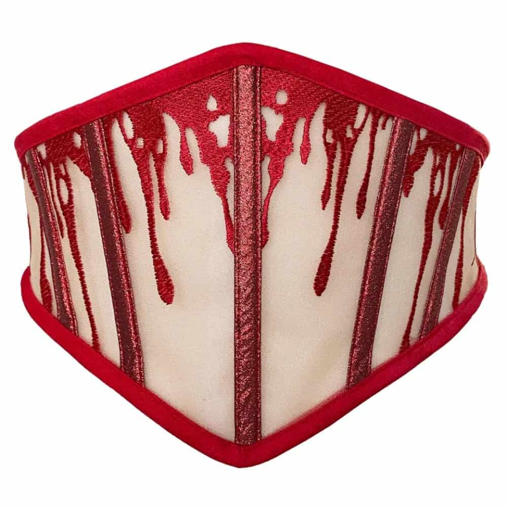 Ceinture corset CRIMSON VIDE NOIR proposée par Brigade Mondaine Paris, ceinture rouge en tulle transparent brodé de motifs gouttes scintillantes, lignes verticales structurées et finitions nettes.