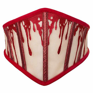 Ceinture corset CRIMSON VIDE NOIR proposée par Brigade Mondaine Paris, ceinture rouge en tulle transparent brodé de motifs gouttes scintillantes, lignes verticales structurées et finitions nettes.