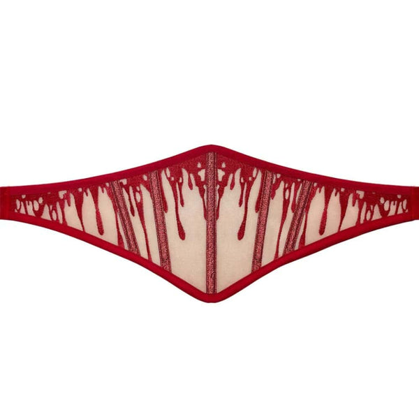 Ceinture corset CRIMSON VIDE NOIR proposée par Brigade Mondaine Paris, ceinture rouge en tulle transparent brodé de motifs gouttes scintillantes, lignes verticales structurées et finitions nettes.