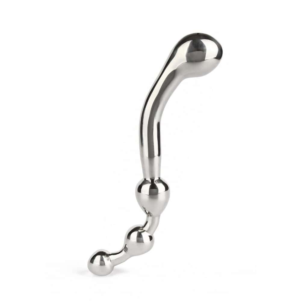 Wand Multi-Stim en acier inoxydable poli, forme incurvée avec extrémités sphériques, présenté sur fond blanc, sélection Brigade Mondaine Paris.