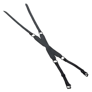 Bandeau X en cuir noir avec sangles ajustables et boucles métalliques, accessoire de bondage proposé par Brigade Mondaine Paris.