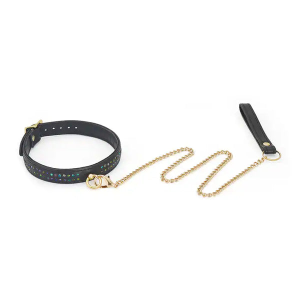 Collier ajustable et Laisse Amovible en cuir de Vache Noir serti de strass multicolores Laisse en métal Doré et Cuir
