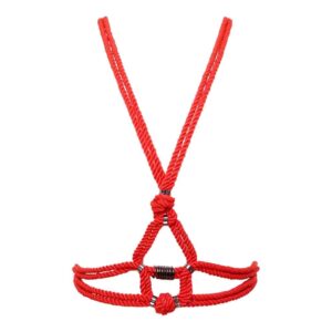 Red shibari bondage knotted rope bust harness Figure of A at Brigade Mondaine