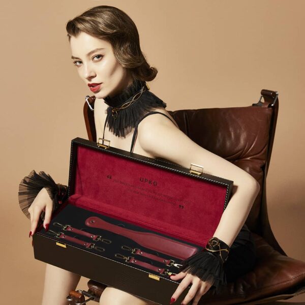 Bondage and BDSM accessory case in red velvet and burgundy leather handmade by UPKO at Brigade Mondaine