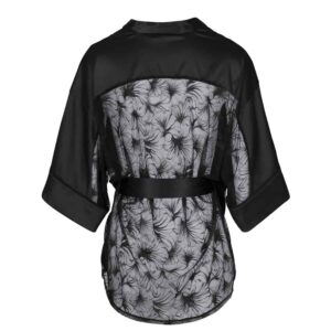 Black lace kimono with satin and lace floral motif and satin ribbon tie, unworn back view on white background from the Nuit à Brodway collection by Atelier Amour at Brigade Mondaine