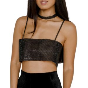 SAVOR Top negro, ligeramente transparente con CRYSTAL EYEZ cristales Swarovski halter top en BRIGADE MONDAINE