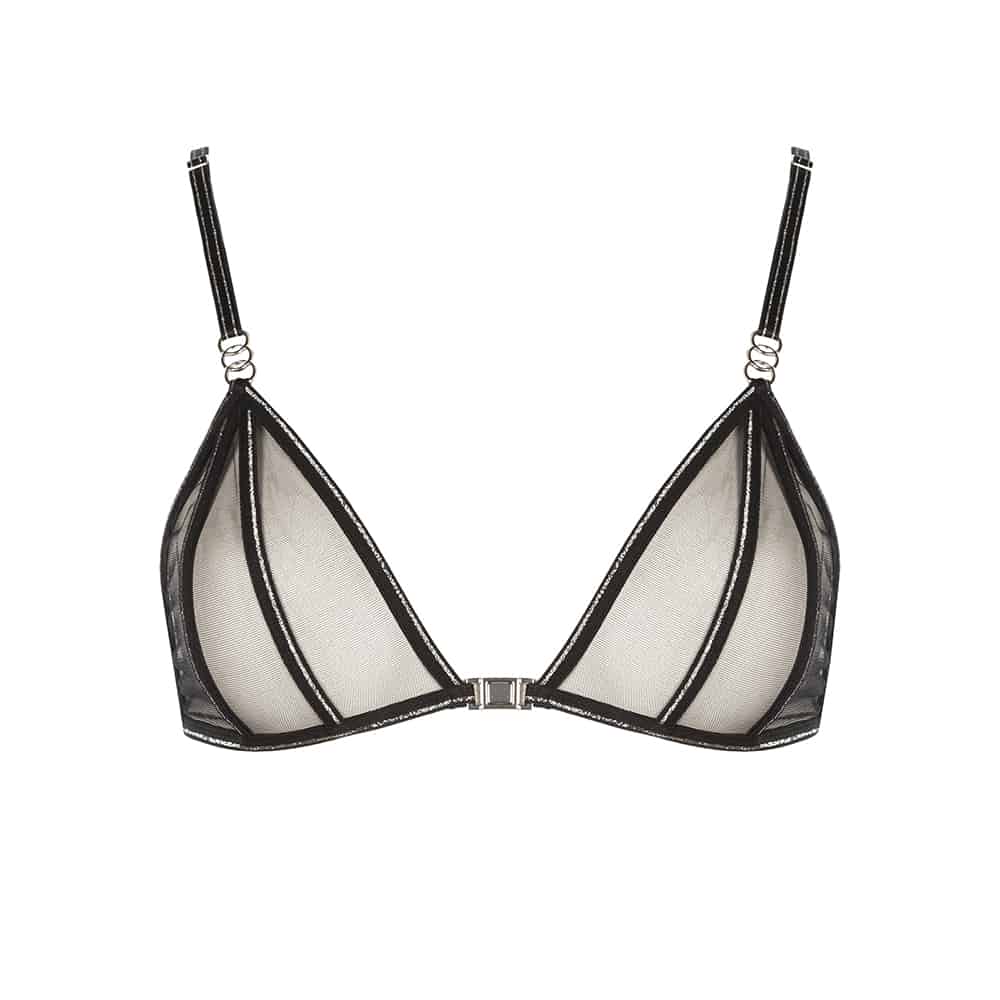 Manhattan collection by Bracli. Black bra cross Manhattan Lurex transparent and lace. The seam is highlighted by silver sequins.