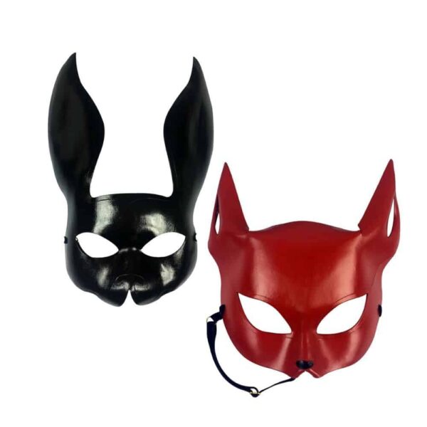 set consisting of a bunny mask in black vegan leather and a red vegan fox mask from brigade mondaine