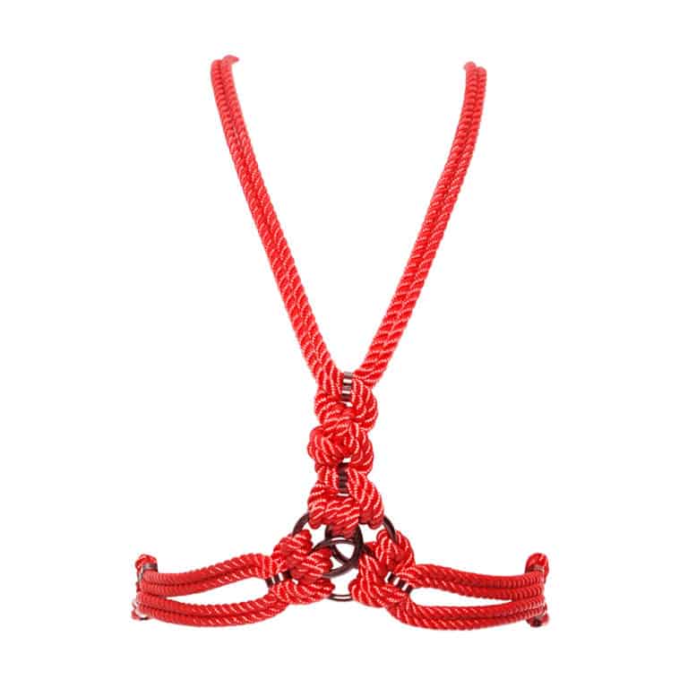 ‘San Harness’ est intimement lié avec une corde en polyester, il est fini avec du matériel en alliage de zinc et en laiton. Traversant la poitrine avec deux lignes traversant le corps, il présente une pièce maîtresse décorative avec trois anneaux métalliques entrelacés. Attaché au cou et à la taille naturelle par des anneaux mousquetons, ‘ San ‘ est comme une ceinture harnais qui encadre le corps avec élégance. Un fermoir et une chaîne à l’arrière peuvent être ajustés pour un ajustement personnalisé. Disponible chez Brigade Mondaine.