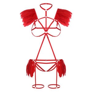 Un arnés con muchas rayas rojas a lo largo del cuerpo, con conexiones en el cuello y las caderas con ropa interior y sujetador abiertos y con plumas sujetas a los lados.