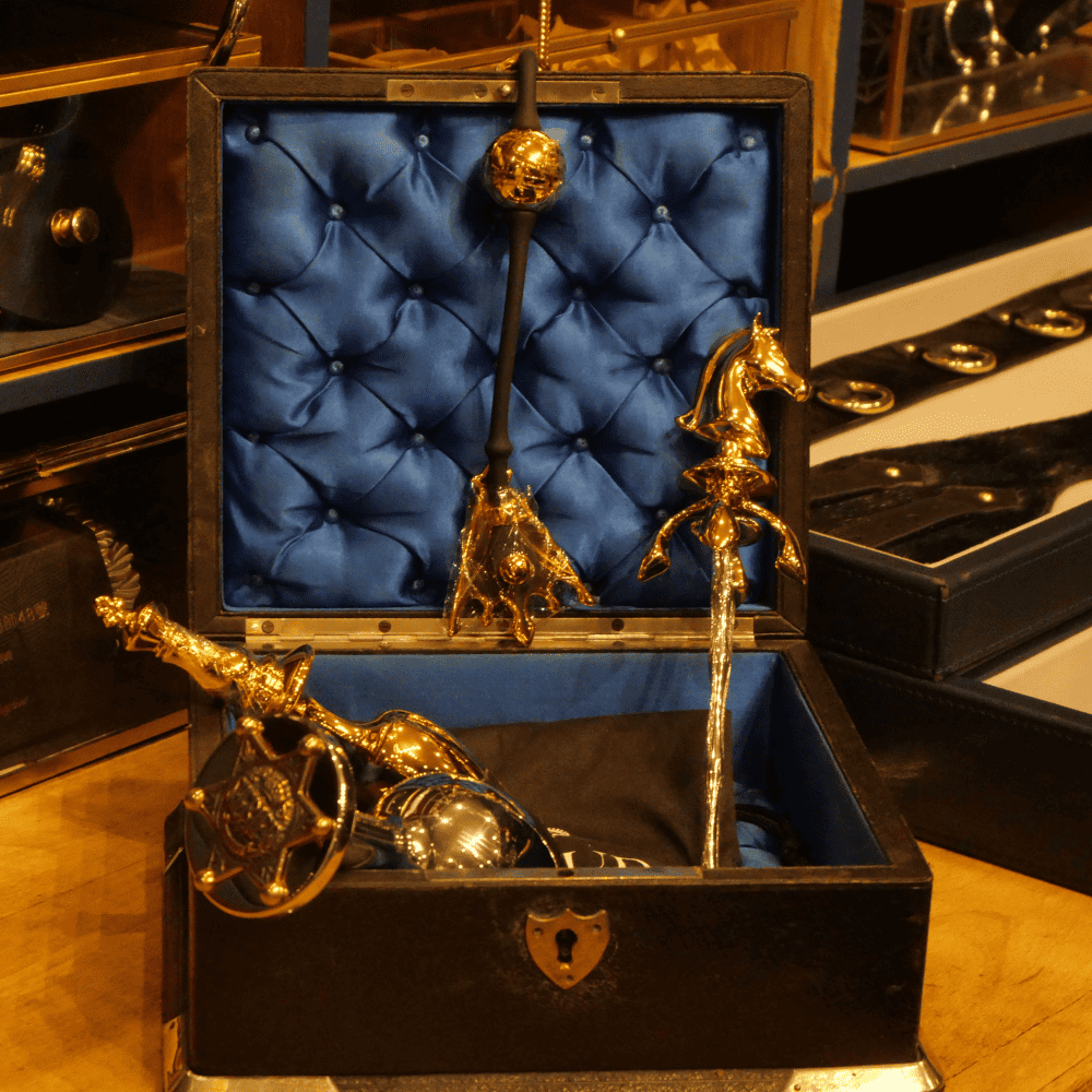 Fotografía de dos plugs, y otros accesorios eróticos, colocados en una caja acolchada azul real bajo una luz cálida.