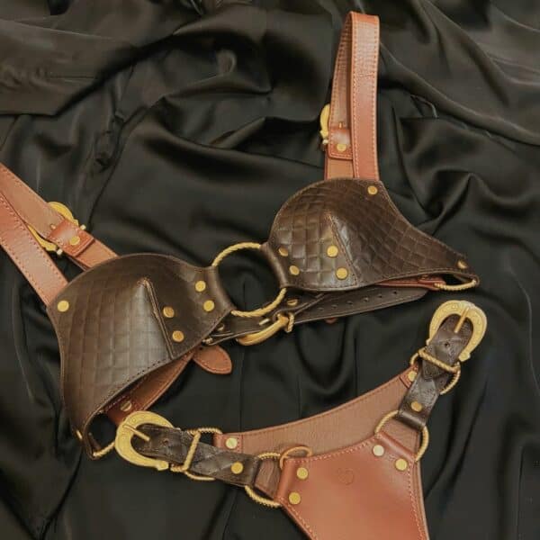 Equestrian-inspired brown cowhide bra and panties