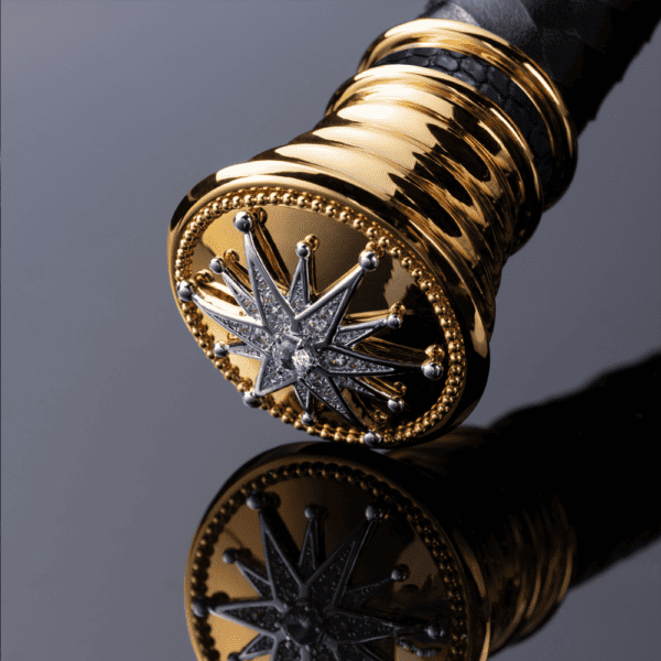 Geflochtene Peitsche aus schwarzem Leder mit Stickereidetails und goldenem Griff mit Stern.