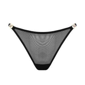 The thong is black with sheer fabric.