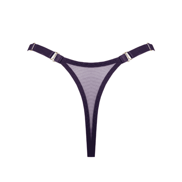 The thong is purple with transparent fabric.