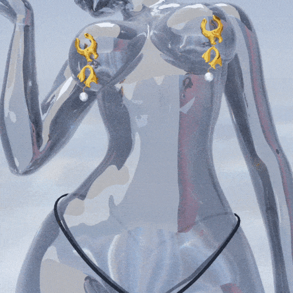 GIF of a woman with holographic blue skin seen from underneath, she wears gold nipple clamps with pearls and a thong with a pearl
