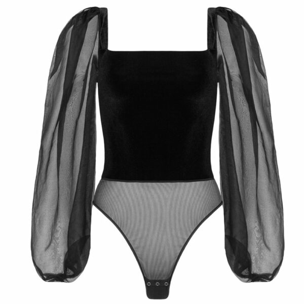 Front Packshot of a Black Long Sleeve Balloon Fishnet Bodysuit