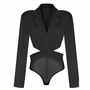 Packshot of the Front of a Long Sleeve Black Fishnet and Viscose Body Blazer