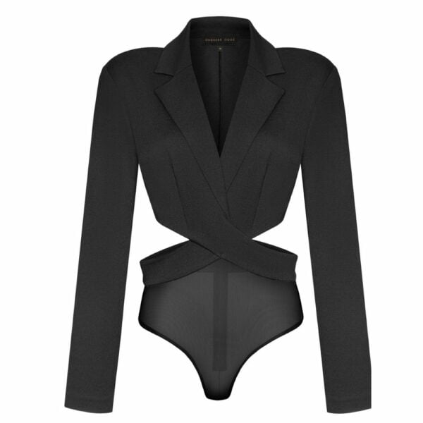 Packshot du Devant d'un Body Blazer en Résille et Viscose Couleur Noir à Manches Longues