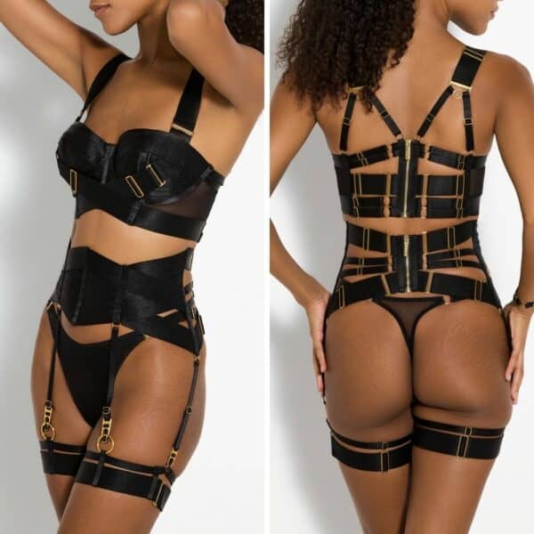 Photo of a 3/4 and Back Woman wearing a Black Silk Bustier Bra, Suspender Belt, Garters and G-String.