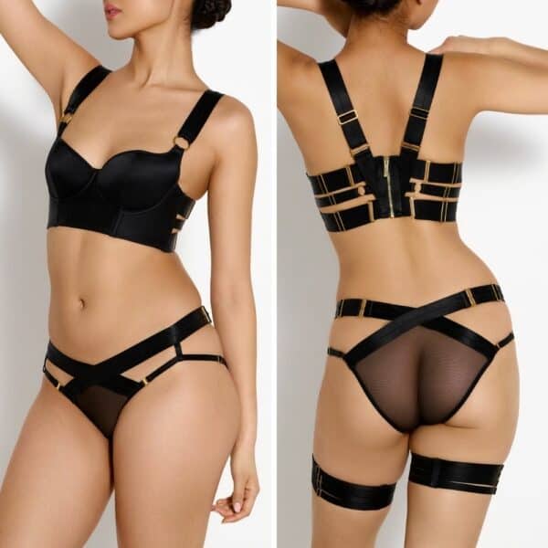 Photo of a 3/4 and Front and Back Woman wearing a Silk Push Up Bra, Garter Panties and Black Garters