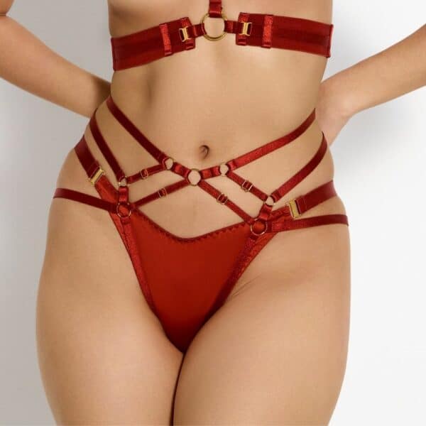 Foto einer Frau von vorne, die einen zweiteiligen Body Harness, einen String aus Seide und Netzstoff und einen offenen Harness Slip in Rot trägt.