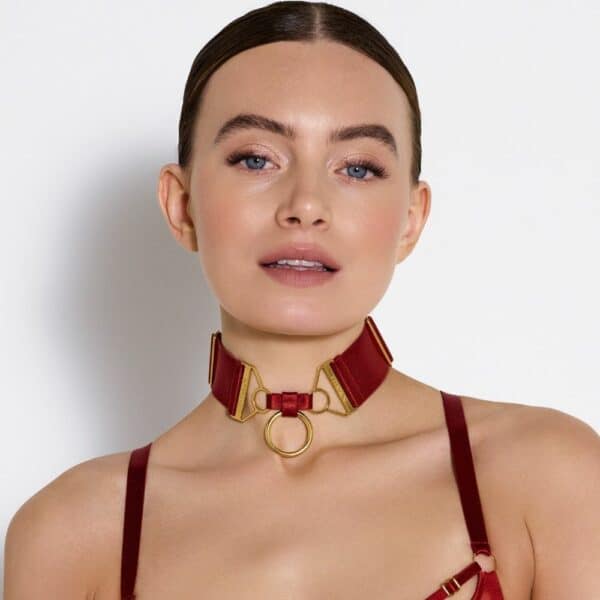 Photo d'une Femme de Devant portant un Collier avec Anneau couleur Rouge