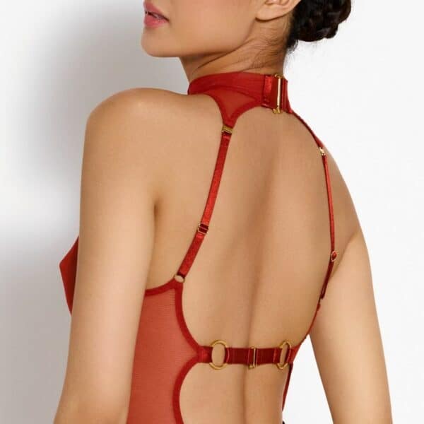 Detail of Photo of 3/4 Back Woman wearing a 2-piece Body Harness and a Red Fishnet Bodysuit with Gold Nippies